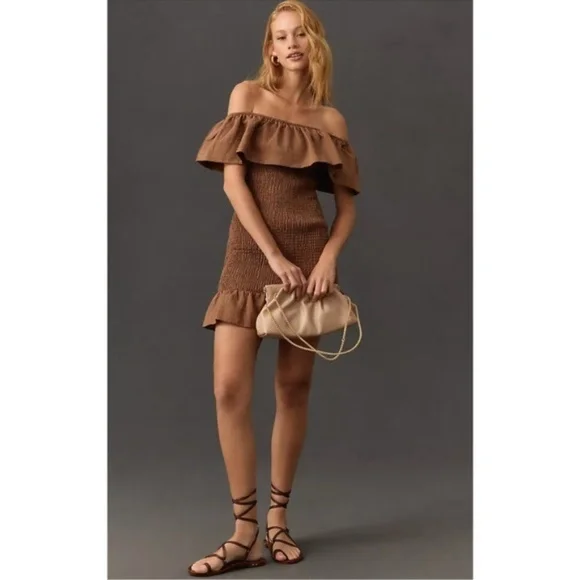 NWT Anthropologie Off-The-Shoulder Smocked Mini Dress Brown Size XS - Picture 1 of 5